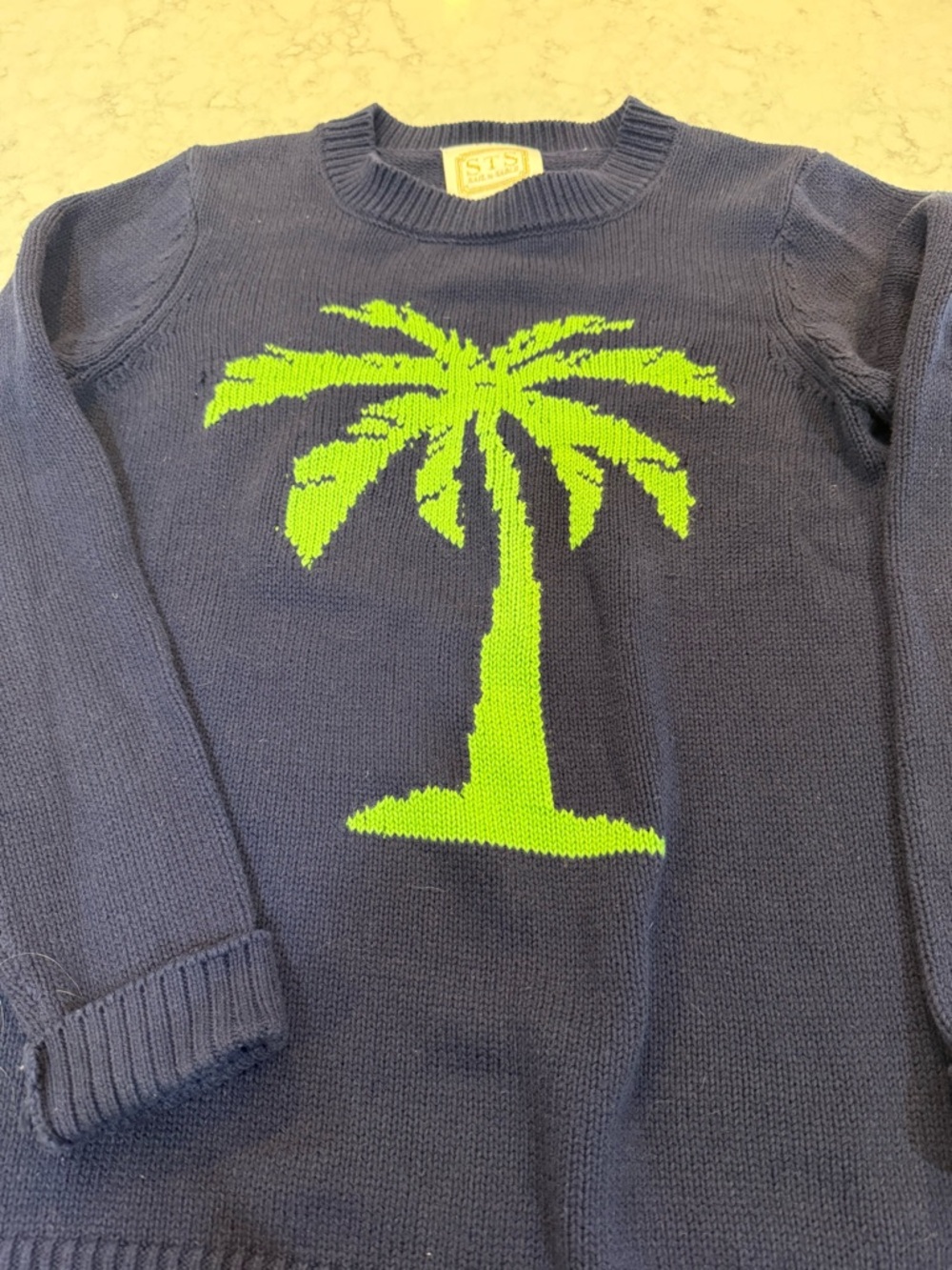 Sail to Sable Navy knit Sweater with Lime Palm Tree